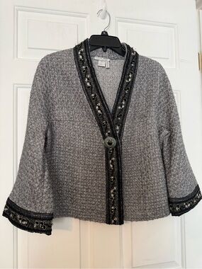 Alberto Makali Textured Wool Gray Cropped Cardigan MEDIUM Beaded Embroidered